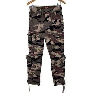 Matchstick Mens Camo Cargo Pants Brown Tan Multi Pocket Utility Trousers Size 28